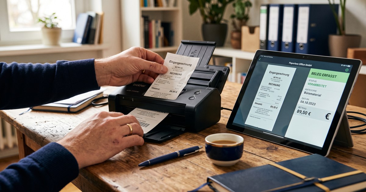 Hände scannen eine Papier-Eingangsrechnung mit einem Dokumentenscanner, während ein Tablet den digital erfassten Beleg anzeigt — GoBD-konforme Belegdigitalisierung