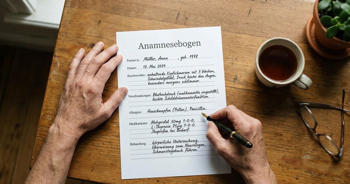 Hände beim Schreiben in Anamnesebogen — DSGVO-konforme Patientendaten in der Praxis