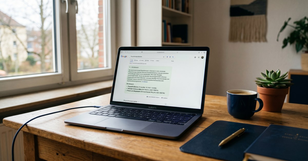 Praxis-Suchergebnis auf einem Bildschirm mit KI-Antwortblock von Google — Symbolbild zur Google-KI-Suche 2026