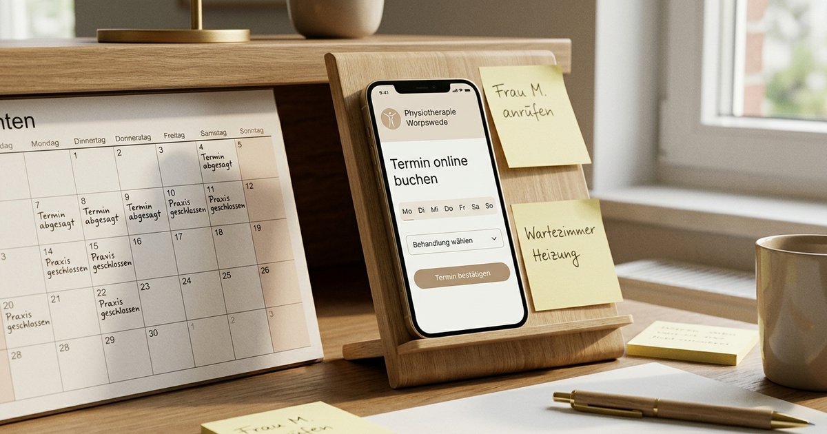 Praxis-Schreibtisch mit Wandkalender und Smartphone — Vergleich Online-Termin-Systeme