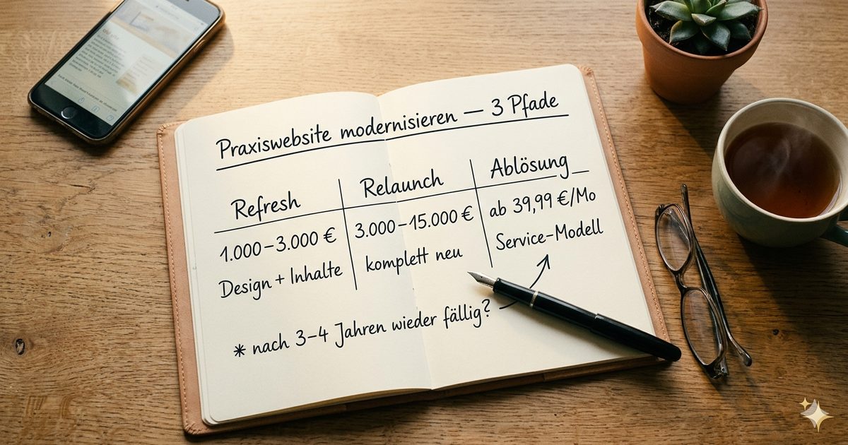 Offenes Notizbuch mit handgeschriebener Drei-Pfade-Tabelle Refresh, Relaunch, Ablösung auf einem Holztisch — Praxiswebsite modernisieren
