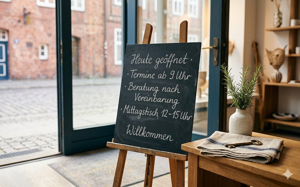 Schiefer-Tafel mit handgeschriebenem Tagesplan auf einem Holz-Stehpult im Eingangsbereich eines lokalen Geschäfts in Bremen — Sinnbild für persönliche Geste.