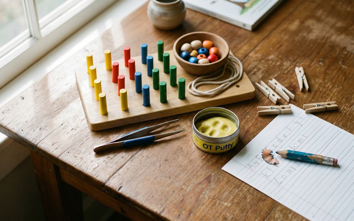 Ergotherapeutischer Arbeitstisch mit Holz-Steckspiel, Therapieperlen und Übungsmaterial im warmen Tageslicht.