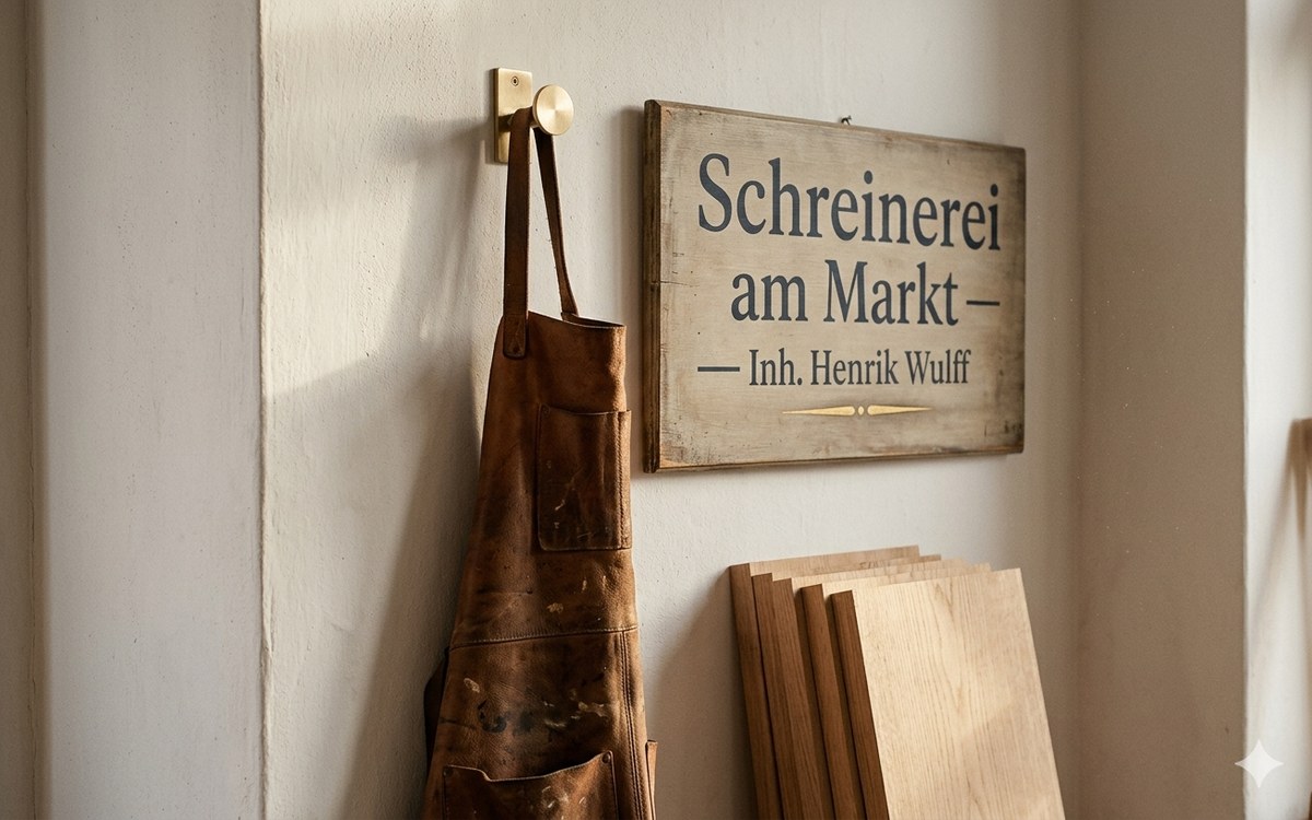 Lederne Werkschürze hängt am Garderobenhaken neben einem Werkstatt-Schild „Schreinerei am Markt