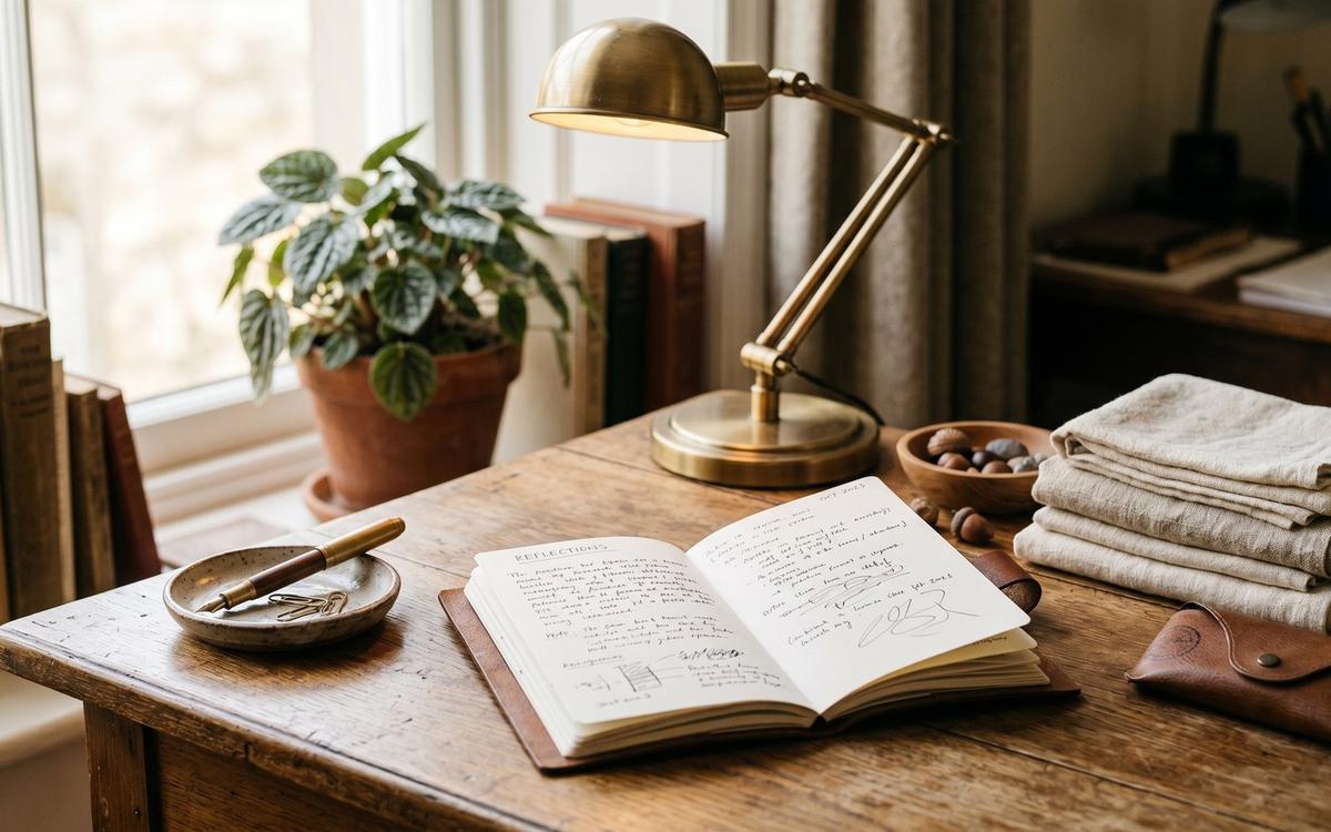 Schreibtisch mit offenem Notizbuch, Messinglampe und Pflanze in warmem Tageslicht — Sinnbild für persönliche Praxisbetreuung.