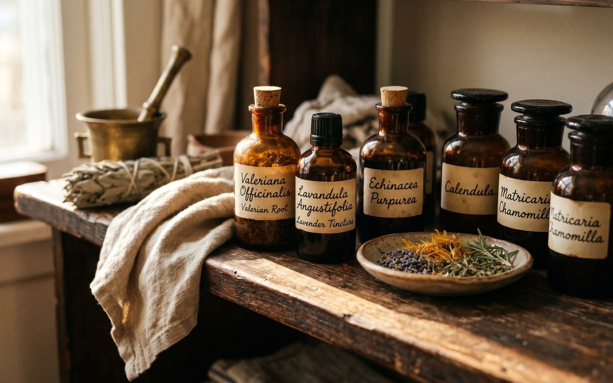 Apotheker-Regal mit Tinktur-Flaschen, Salbei-Bündel und Mörser im warmen Seitenlicht — Sinnbild traditioneller Naturheilkunde.