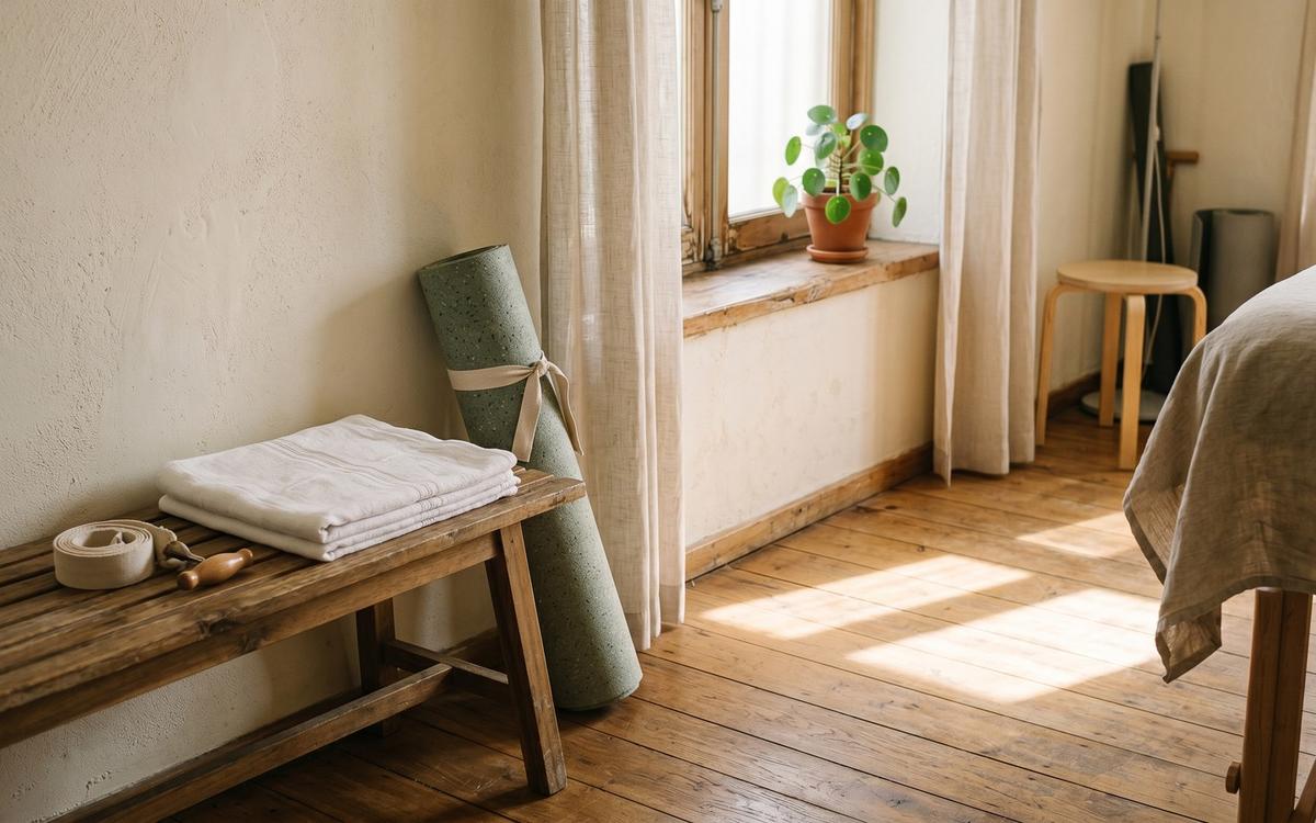 Holzbank mit gefalteten Linentüchern und Yoga-Matte im sonnendurchfluteten Therapieraum.